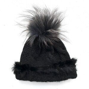 RUDSAK Black Cable Knit Removable snap on fur Pom Pom Hat - One size